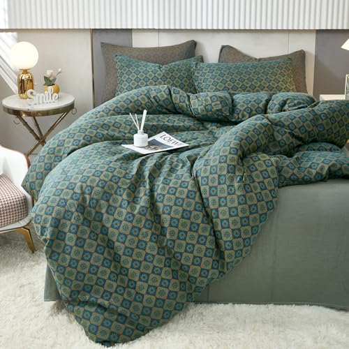 Image of VM VOUGEMARKET Boho Duvet Cover King Geometric Pattern,3Pcs Yarn-Dyed Muslin Cotton Duvet Cover Set Blue Green Flower Bedding Set for Girls Women Without Comforter