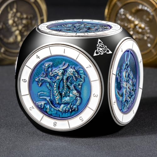 Roycevon 7 in 1 Unique Spinner DND Dice Set D&D, Metal D and D Dice with Gift Box, Dungeons Dragons Role Playing Dice, Black Blue