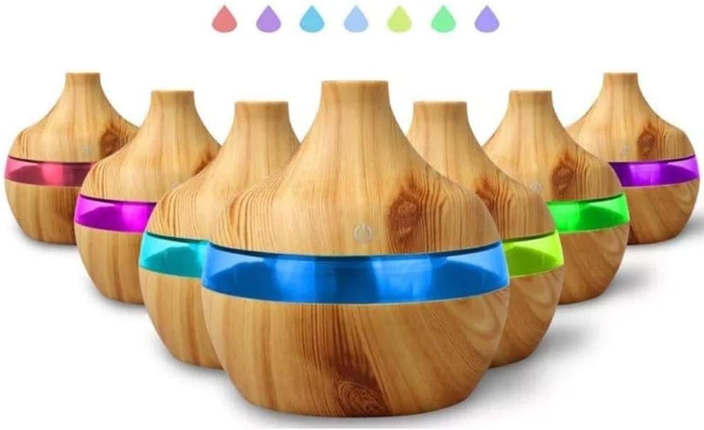 mobigon Wood Cool Mist Ultrasonic Humidifier for Room Moisture, Aroma Diffuser for Home, 300ml Essential Oil Diffuser with 7 Colorful Night Light, Auto Shut-Off, Home, Office, car (D.Light Brown)