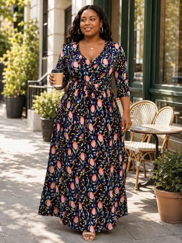 Image of PinkPatty Women's Print Maxi Dresses 3 /4 Sleeve Flowy Long Dress V Neck Wrap Tie Waist Sundress