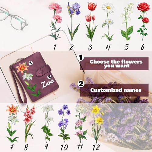 Personalized Wallets for Women,Custom Birthday Flower and Name,With Detachable Wristlet Strap,Gifts for Mother,Girlfriend,Wife on Anniversary,Birthday,Christmas,Thanksgiving,Mother's Day (Style A)3