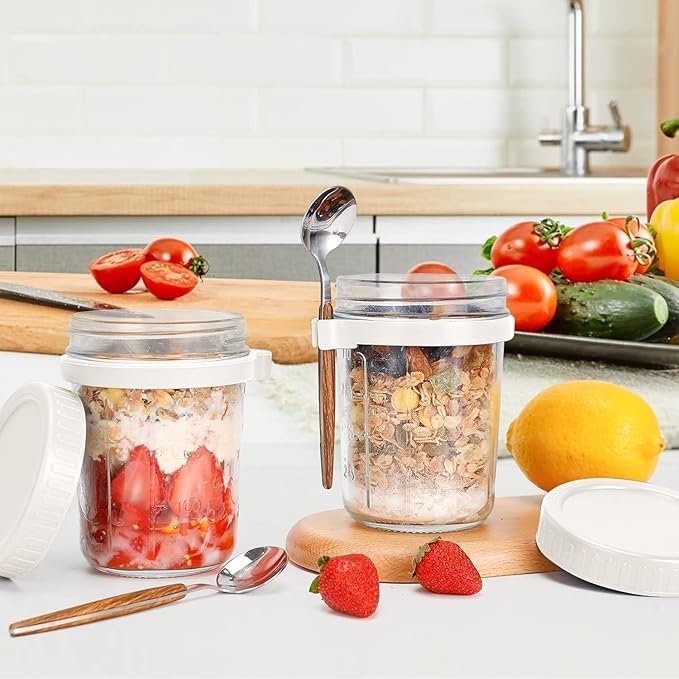 Image of PrimeWorld Glass Overnight Oats Jars With Spoon And Lid Set of 1pc-350 ML, Airtight Oatmeal Container With Measurement Marks, Mason Jars With Lid For Cereal On The Go Container Yugart,Multicolor