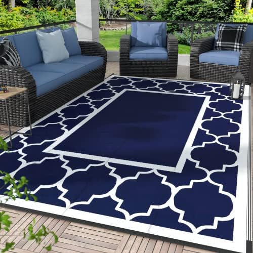 GENIMO 8'x10' Outdoor Rug for Patio,Reversible Plastic Waterproof Rugs,Clearance Mat,Rv,Camping,Deck,Porch,Camper,Balcony,Blue & White