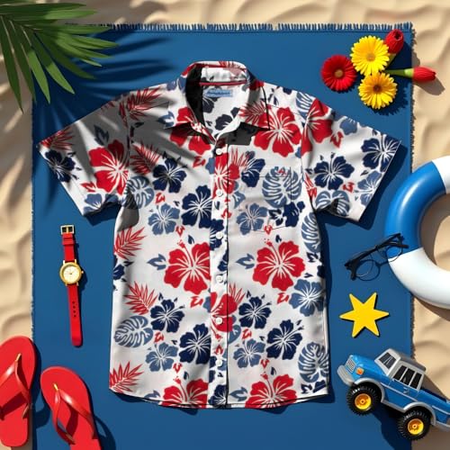 Image of Tommy Bahama Boys Classic Woven Button-Down Short-Sleeve Hawaiian Shirt with Pocket for Kids