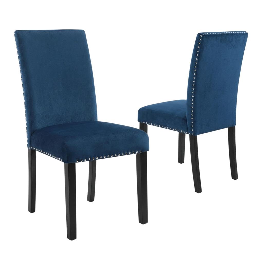 Velvet-Upholstered Dining Chair with Wood Legs by Starlight Canyon Home – Wood, Blue, Pack of 2