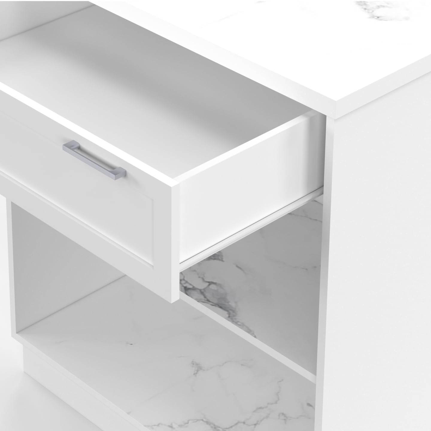 IDMarket - Ilot Central Mange-Debout 4 Personnes VITO 130 cm Blanc et Plateau marbre Alaska