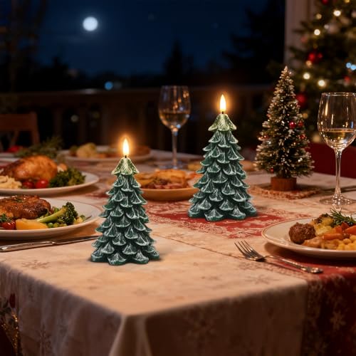 Image of Wondise Christmas Tree Flameless Candles with 6H Timer, 2 Pcs Real Wax Battery Operated LED Candles Flickering, 3D Wick Green Electric Candles for Christmas Holiday Decorations