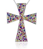 Carly Creations Women's Silver Plated Genuine Crystal Multicolored Cross Pendant - Large