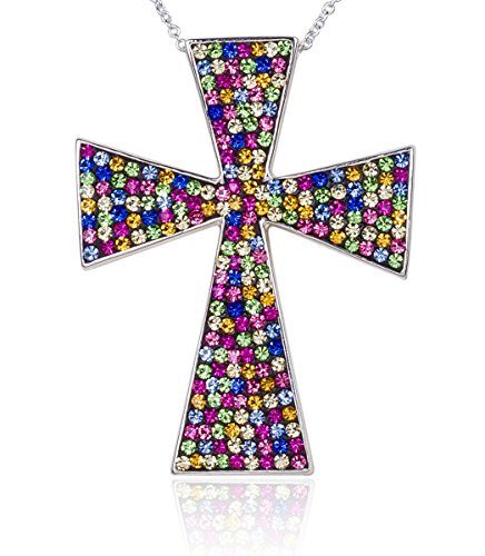 Carly Creations Women's Silver Plated Genuine Crystal Rainbow Cross Pendant - Large