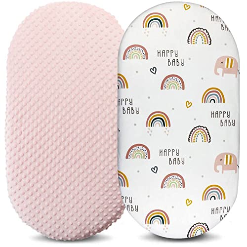 Image of Owlowla Bassinet Sheet Set,Ultra Soft Minky Cradle Sheets Universal Fitted Bassinet Pad/Mattress for Baby Boys Girls(Pink/Rainbow)