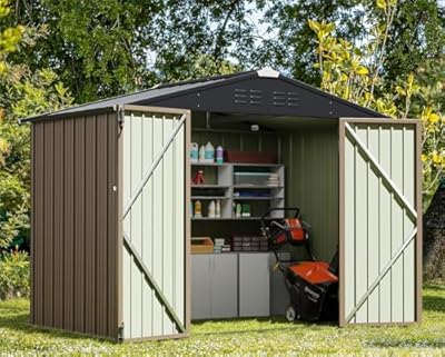 Greesum 8x6FT Outdoor Storage Shed, Utility Tool Shed with Sloping Roof, Metal Storaged Garden Shed with Door & Lock for Patio Storage, Brown