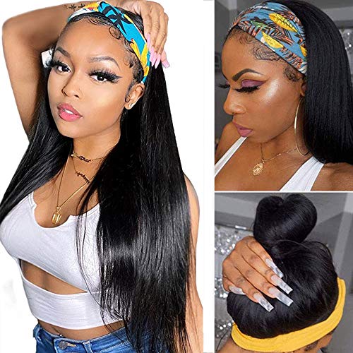Headband Wigs Human Hair Straight Headband Wigs for Black Women Brazilian Virgin Hair Headband Wigs Glueless None Lace Front Human Hair Wigs Machine Made Wigs Easy to Wear Wigs Natural Color 20 Inch