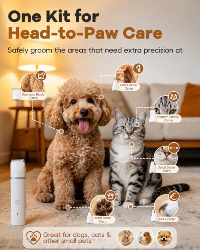 Veeconn 4 in 1 Dog Clippers Grooming Kit with Paw Hair Trimmer for Cat Pet | Low Noise, 7500RPM Powerful, IPX7 Waterproof, Safe & Easy for Beginners, 4 Guide Combs, Cordless Dog Shaver & Nail Grinder - Image 3
