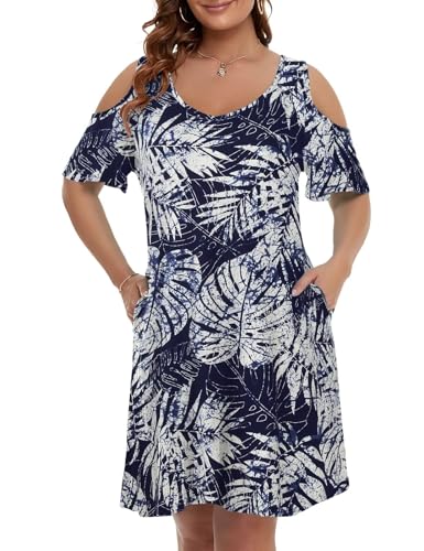 Image of JollieLovin Womens Plus Size Short Sleeve Cold Shoulder V Neck T-Shirt Dress with Pockets