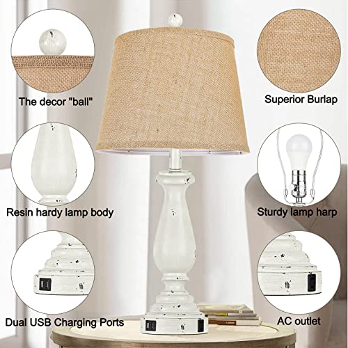 3-Color Temperature Table Lamps With Usb And Outlet, Bedside Lamp For Bedroom Set Of 2, White Resin Farmhouse Lamp With Burlap Shade, Nightstand Lamp With Rotary Switch For Living Room(Bulbs Included) #TOP4