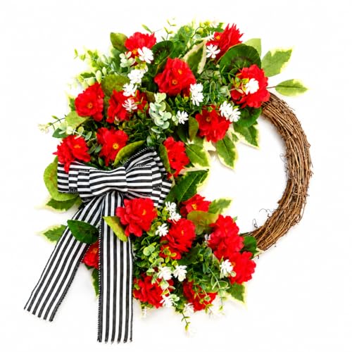 Red Geranium Wreath with Babys Breath - Farmhouse Front Door Wreath All Seasons Greenery Wreath for Porch Window Wall Indoor/Outdoor Rustic Home Decor