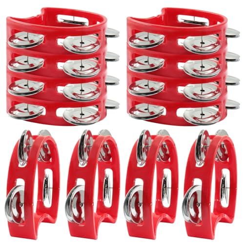 Moicstiy 12 Pcs Plastic Percussion Tambourine, Small Handheld Tambourine Percussion Bulk (Red)