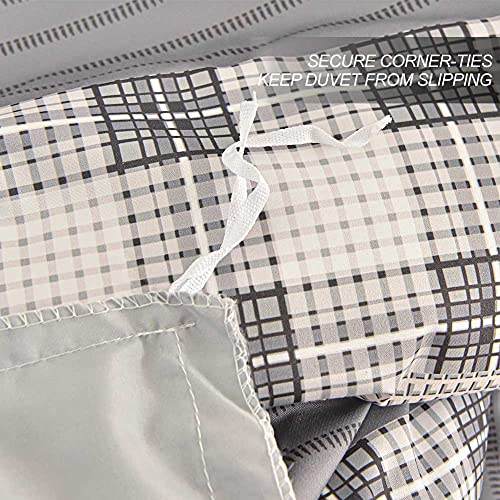 Nanko Queen Duvet Cover Set Boho Grid 90x90 Soft Patchwork Bedding Cover Grey Cream Grid Bohemian Paisley Retro Plaid Striped 3pc Set with Zip - Farmhouse Style Bed Quilt Cover for Women Men - Thumbnail 6