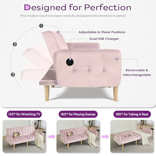 Image of TYBOATLE 65 inch W Velvet Modern Convertible Folding Futon Couch Sofa Bed w / 2 USB Charging Ports and arms, Loveseat for Compact Living Space, Dorm, Game Studio, Bonus Room, Apartment, Bedroom (Pink)