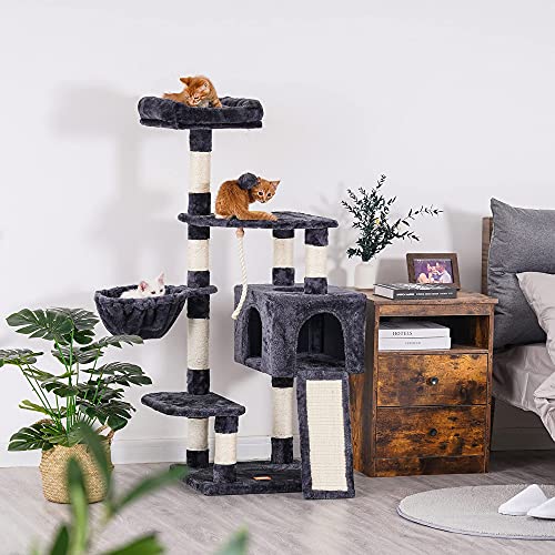 Heybly Cat Tree Cat Tower for Indoor Cats Multi-Level Cat Furniture Condo with Feeding Bowl and Scratching Board Smoky… - Image 4