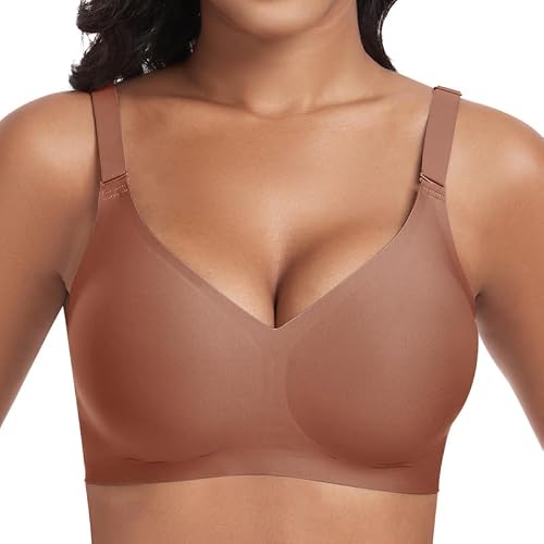Image of Cavotor Women Seamless Bra Non Wired Push Up Support Bras for Saggy Breasts Wireless T Shirt Soft Comfort Ladies V Neck Padded Bralettes with Extender (Brown,S)