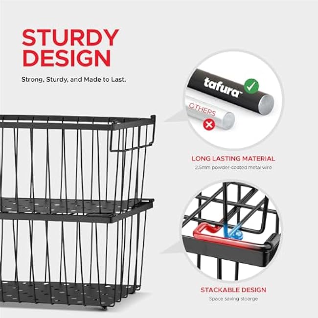 Tafura Freezer Organizer Bins (14 Lx7 Wx6.1 H) - 4 Pack Stackable Freezer Baskets Sort Frozen Meats & Food - Deep Freezer Organizer Bins with Handles for Upright & Chest Freezer (Black)