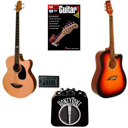 Acoustic Guitar & Bass Beginner Pack - Acoustic Dreadnought Cutaway Guitar Model: K1SB, Bass Guitar w/Spruce Top, Mini Amp & Beginner Book