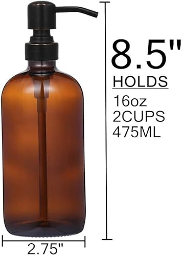 Miniatura 3 de Dispensador de jabón en tarro de vidrio ámbar con bomba de bronce aceitado, dispensador de botellas redondas de 16 onzas con bomba de acero