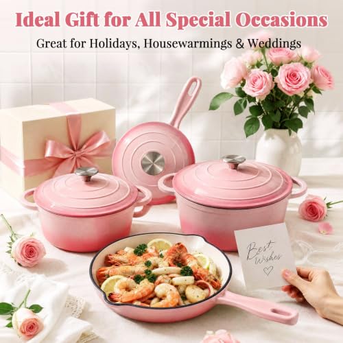 Image of LIFERUN 7Pcs Enameled Cast Iron Cookware Set, Cast Iron Pots and Pans Set