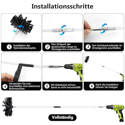 SHUTEX 17PCS Kaminbürste Stange Set, 3 Größen von Schornsteinfeger Bürste (200mm, 150mm, 100mm), Ofenrohrbürste Nylon mit 12 Flexible Stangen 410mm, Kaminbesen für Kamin, Rohre, Trockner