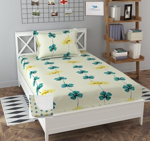 Image of 300 TC Glace-Cotton All Around Elastic Fitted Bedsheet, Elastic Fitted Bedsheet Single Size Bedsheet for Single Bed with 1 Pillow Cover, Size - 72 x 36 x 8 Inch Color