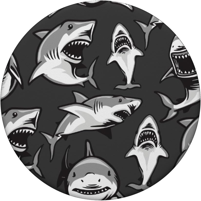 Shark PopSockets Grip, shark pattern on grey black and white PopSockets Adhesive PopGrip - Image 3