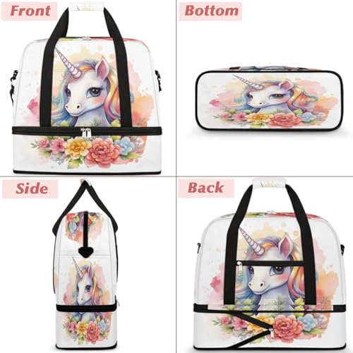 Travel Duffel Bags Watercolor Unicorn Flower Foldable Weekender Bags for Women with Shoes Compartment Waterproof & Tear Resistant Carry on Overnight Luggage Duffel Bag Shoulder Sports Tote Bag,A-1743