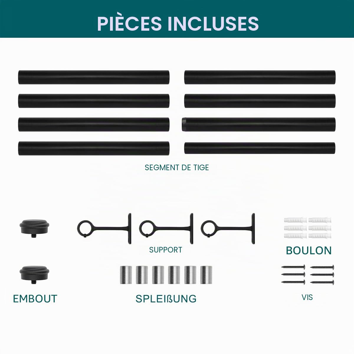 Tringle à rideaux pour fenêtres avec embout rond, 80-300 cm, Tringle à rideaux réglable pour montage au plafond robuste avec supports, Tringle à rideaux murale pour rideaux suspendus