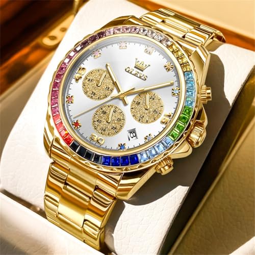 Image of OLEVS Watch for Men Luxury Gold Diamond Chronograph Business Wristwatch with Analog Quartz, Date Calendar, Stainless Steel Band, Luminous Hands, Waterproof