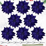 Cindeer 7 Pcs Christmas Poinsettia Artificial Flowers Christmas Poinsettia Ornaments Picks Blue Flowers Decoration for Xmas Tree DIY Wreaths Ornament Wedding Party, 9.8 Inch