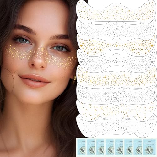 Wugbc Glitter Freckles Face Tattoo Gold 4 Pcs & Silver 4 Pcs, Glow Up Sparkle Freckles Tattoo Sticker for Women Body Metallic Cute Fun Face Glitter Singer Concerts Makeup Waterproof Cosmetic