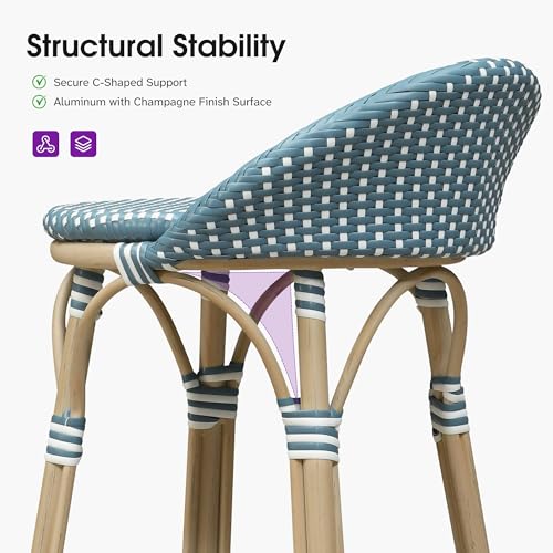 Image of PURPLE LEAF Patio Oversized Backrest Bar Height Stool Set of 1 Outdoor Round Barstools Aluminum Frame in Champagne Finish Woven Rattan for Indoor Kitchen Dining Bistros Cafe Restaurant Light Blue