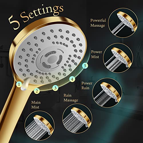 Shower Head,12'' Rain Shower Head With 11'' Adjustable Extension Arm And 5 Settings High Pressure Handheld Shower Head Combo,Powerful Shower Spray Against Low Pressure Water-Brushed Gold #TOP3