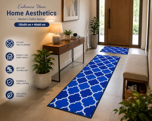 Image of Matz&More Anti Slip Kitchen Runner & Doormat Combo (50x120cm + 40x60cm), Nylon Tufted Floor Mat with Rubber Backing, Carpet for Kitchen, Bathroom, Entrance & Bedside, Trellis Two Toned Blue