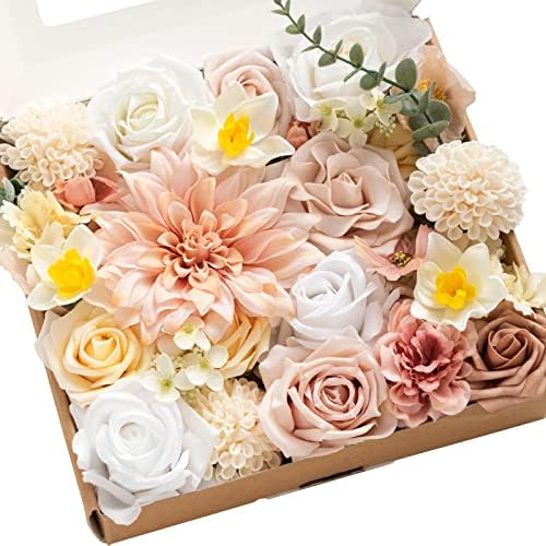 Ling's Moment Artificial Flowers and Greenery Combo Box Set for DIY Creamy Yellow & Pink Wedding Bouquet Centerpieces Floral Arrangement Decor