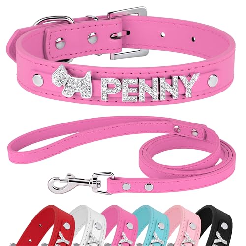 Didog Set di collari e guinzaglio per cani personalizzati in pelle PU liscia con lettere del nome personalizzate con strass, adatti per cani di piccola taglia e media (M: 1,9 x 30,5-38,1 cm, set rosa