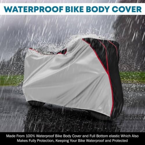 Image of Waterproof Bike Body Cover Compatible with Tvs Apache RTR 160 Dustproof Scratchproof - Motorcycle Cover for Two Wheeler, Outdoor Full Cover with UV, Duty, Rain Protection (Silver Top Black) R1