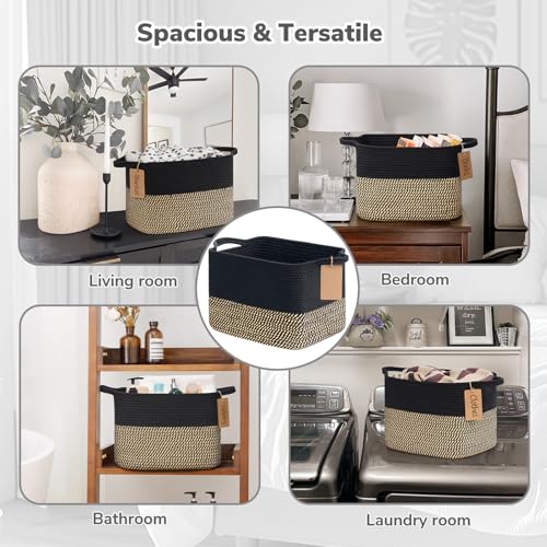 Image of Goodpick Woven Storage Basket for Shelves, Rectangle, Black & Jute | 13 inch x 10 inch x 9 inch Stylish Gift Basket for Home Decor, Wicker Baskets for Shoes, Toys & Books Storage, Reinforced Handles
