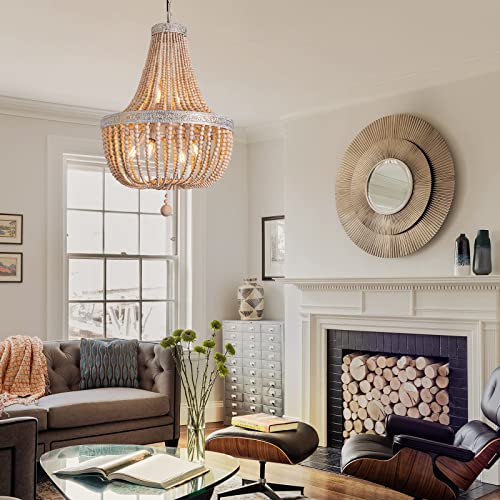 6-Lights Farmhouse Boho Wood Bead Chandelier,Modern Natural Wooden Beaded Pendant Light Fixture,E12 Adjustable Pendant Lighting for Dining Room Living Room Bedroom