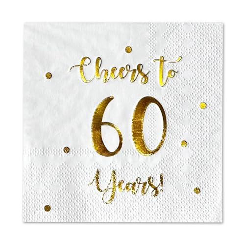 Cheers to 60 Years Cocktail Napkins | Happy 60th Birthday Decorations for Men and Women and Wedding Anniversary Party Decorations | 50-Pack 3-Ply Napkins | 5 x 5 inch folded (White)