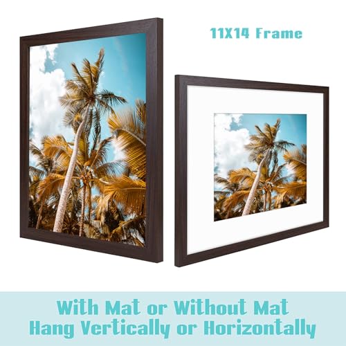 Image of Frametory, 11x14 Picture Frame with Mat for 8x10 Photo - High Definition Glass Wide Molding - Preinstalled Wall Mounting Hardware (Brown, 1 Pack)