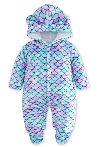 Image of TUONROAD 0-3 Months Baby Blue Mermaid Snowsuits for Infants Fluffy Fleece Hooded Winter Rompers 6-12M Newborn Cute Bear Jumpsuits Toddlers Outerwear Bodysuits Snow Outfits