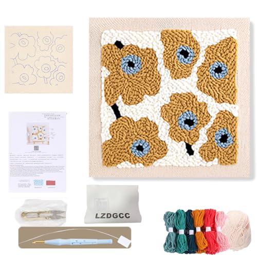 Image of Embroidery Punch Needle Kit Frame, Punch Needle Kits Adults Beginner, Embroidery Starter Kit, Punch Needle Tool with 9.8x9.8 in Punch Needle Fabric with Pattern, Threader, Yarns, Pinch Needle (Yellow)
