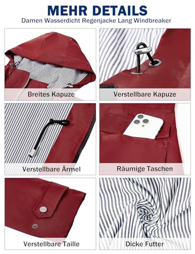 PONCEAU Damen Wasserdicht Regenjacke Lang Windbreaker Übergangsjacke Leichte Atmungsaktiv Outdoorjacke Raincoat Regenponcho Regenparka Trenchcoa Regenmantel mit Kapuze